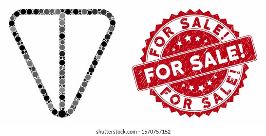 Mosaic ton currency and grunge stamp watermark with For Sale! caption. Mosaic vector is created with ton currency icon and with random circle spots. For Sale! stamp seal uses red color,