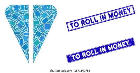 Mosaic ton currency icon and rectangle To Roll in Money seals. Flat vector ton currency mosaic icon of randomized rotated rectangular items. Blue To Roll in Money rubber seals with corroded surface.