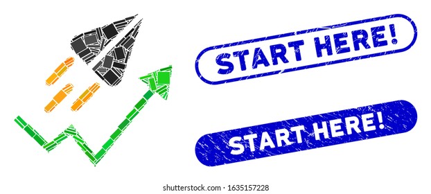 Mosaic ton launch trend arrow and rubber stamp seals with Start Here! phrase. Mosaic vector ton launch trend arrow is composed with scattered rectangle items. Start Here! stamp seals use blue color,