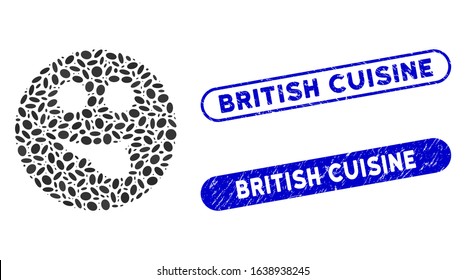Mosaic tongue smiley and distressed stamp seals with British Cuisine text. Mosaic vector tongue smiley is composed with randomized elliptic elements. British Cuisine seals use blue color,