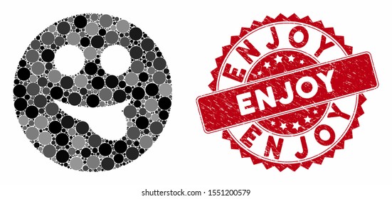 Mosaic tongue smiley and rubber stamp seal with Enjoy caption. Mosaic vector is formed with tongue smiley icon and with randomized spheric elements. Enjoy stamp seal uses red color,