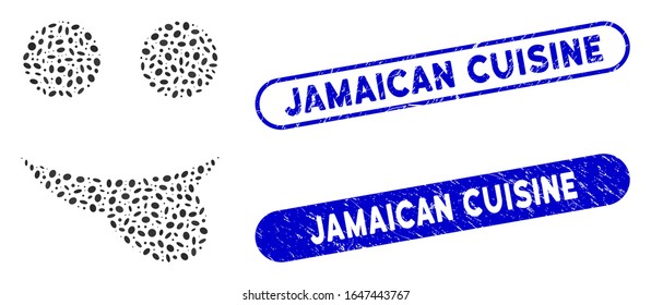 Mosaic tongue smiley and rubber stamp seals with Jamaican Cuisine phrase. Mosaic vector tongue smiley is designed with scattered oval dots. Jamaican Cuisine stamp seals use blue color,