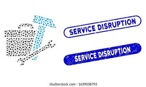 Mosaic toolbox and grunge stamp seals with Service Disruption phrase. Mosaic vector toolbox is formed with scattered ellipse elements. Service Disruption stamp seals use blue color,