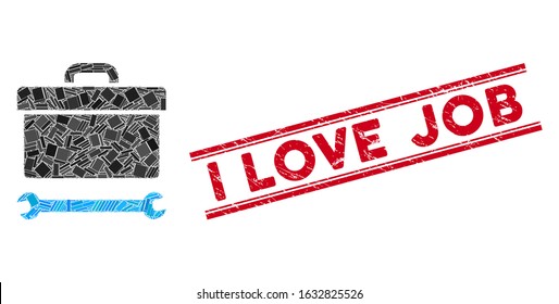 Mosaic toolbox pictogram and red I Love Job seal stamp between double parallel lines. Flat vector toolbox mosaic pictogram of scattered rotated rectangular elements.