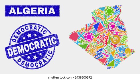 Mosaic tools Algeria map and Democratic seal stamp. Algeria map collage created with scattered colored equipment, hands, service elements. Blue round Democratic stamp with scratched texture.