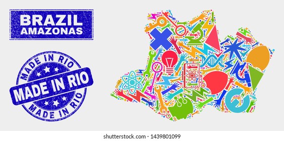 Mosaic tools Amazonas State map and Made in Rio stamp. Amazonas State map collage composed with scattered colored tools, hands, service elements. Blue rounded Made in Rio seal with dirty texture.