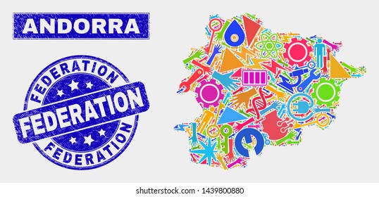 Mosaic tools Andorra map and Federation seal stamp. Andorra map collage constructed with random colorful tools, hands, service icons. Blue rounded Federation watermark with scratched texture.