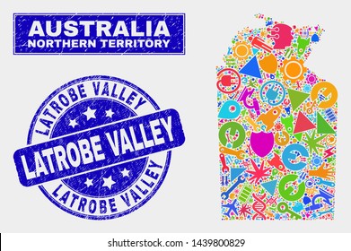 Mosaic tools Australian Northern Territory map and Latrobe Valley seal stamp. Australian Northern Territory map collage made with random bright tools, hands, industrial items.