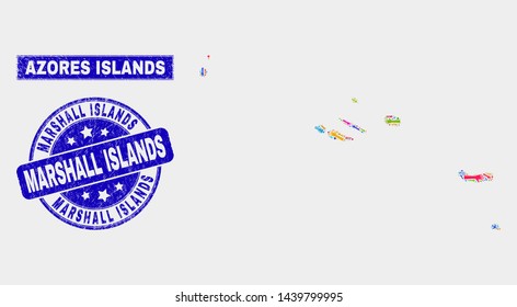 Mosaic tools Azores Islands map and Marshall Islands seal. Azores Islands map collage made with scattered bright tools, hands, industrial elements.