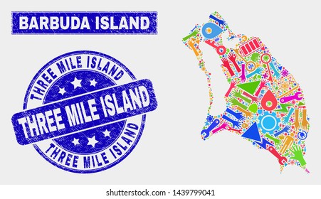 Mosaic tools Barbuda Island map and Three Mile Island seal stamp. Barbuda Island map collage formed with scattered colored tools, hands, industry icons.