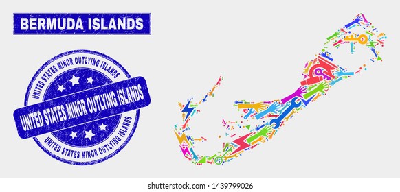 Mosaic tools Bermuda Islands map and United States Minor Outlying Islands stamp. Bermuda Islands map collage made with random colored tools, palms, security symbols.