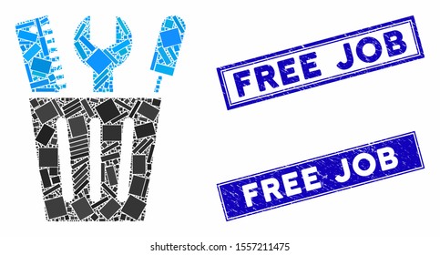 Mosaic tools bucket pictogram and rectangular seal stamps. Flat vector tools bucket mosaic pictogram of scattered rotated rectangular elements. Blue caption rubber seals with scratched textures.