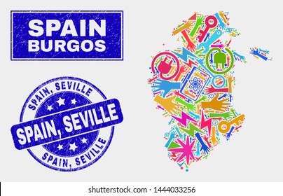 Mosaic tools Burgos Province map and Spain, Seville seal. Burgos Province map collage formed with randomized colored equipment, hands, service icons. Blue round Spain,