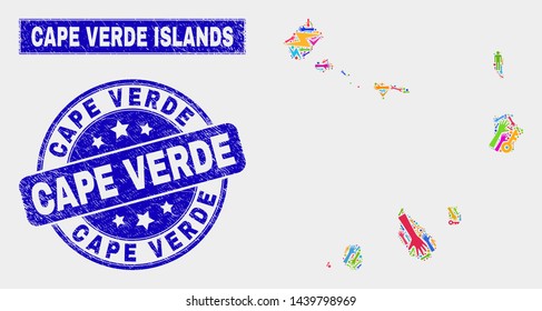 Mosaic tools Cape Verde Islands map and Cape Verde seal stamp. Cape Verde Islands map collage constructed with scattered colorful tools, hands, security icons.