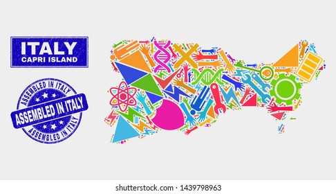 Mosaic tools Capri Island map and Assembled in Italy stamp. Capri Island map collage composed with random bright tools, hands, service symbols.