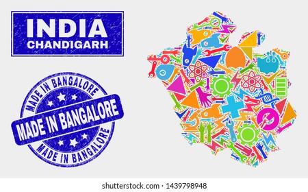 Mosaic tools Chandigarh City map and Made in Bangalore stamp. Chandigarh City map collage composed with random colorful tools, hands, service elements.