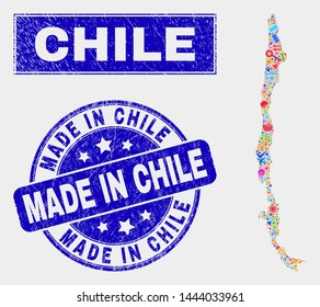 Mosaic tools Chile map and Made in Chile seal stamp. Chile map collage designed with randomized bright equipment, palms, industry items. Blue round Made in Chile seal stamp with scratched texture.