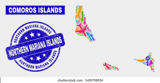 Mosaic tools Comoros Islands map and Northern Mariana Islands seal stamp. Comoros Islands map collage composed with random colorful tools, palms, production items.