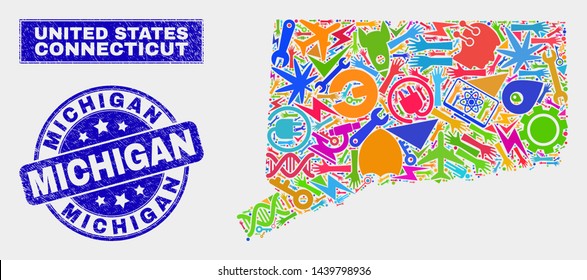 Mosaic tools Connecticut State map and Michigan seal. Connecticut State map collage formed with randomized colorful tools, palms, security elements. Blue round Michigan seal stamp with grunge texture.