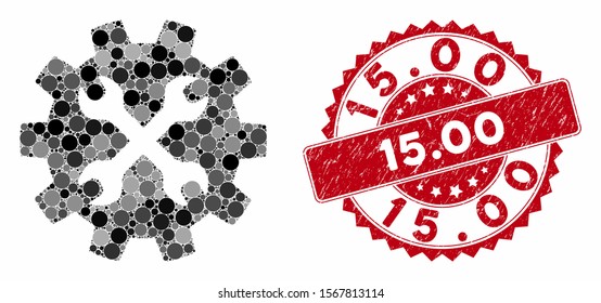 Mosaic tools and corroded stamp seal with 15.00 phrase. Mosaic vector is designed with tools icon and with random circle items. 15.00 stamp seal uses red color, and distress design.