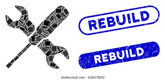 Mosaic tools and corroded stamp seals with Rebuild phrase. Mosaic vector tools is formed with randomized rectangle items. Rebuild stamp seals use blue color, and have round rectangle shape.