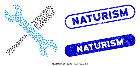 Mosaic tools and distressed stamp seals with Naturism caption. Mosaic vector tools is composed with randomized elliptic items. Naturism stamp seals use blue color, and have round rectangle shape.