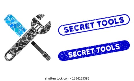 Mosaic tools and distressed stamp watermarks with Secret Tools caption. Mosaic vector tools is composed with randomized rectangle items. Secret Tools stamp seals use blue color,