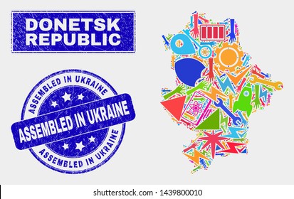 Mosaic tools Donetsk Republic map and Assembled in Ukraine stamp. Donetsk Republic map collage created with scattered bright tools, hands, service icons.