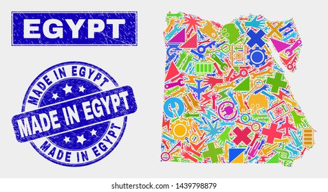 Mosaic tools Egypt map and Made in Egypt watermark. Egypt map collage made with scattered colorful tools, hands, service icons. Blue rounded Made in Egypt watermark with scratched texture.