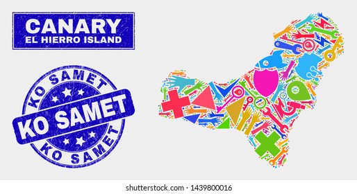 Mosaic tools El Hierro Island map and Ko Samet stamp. El Hierro Island map collage formed with randomized bright tools, palms, industry icons. Blue rounded Ko Samet seal stamp with unclean texture.