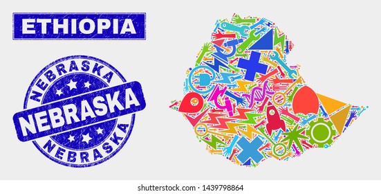 Mosaic tools Ethiopia map and Nebraska watermark. Ethiopia map collage made with random bright tools, palms, security items. Blue round Nebraska watermark with grunge texture.