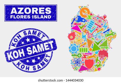 Mosaic tools Flores Island of Azores map and Koh Samet stamp. Flores Island of Azores map collage composed with random bright tools, palms, industrial icons.