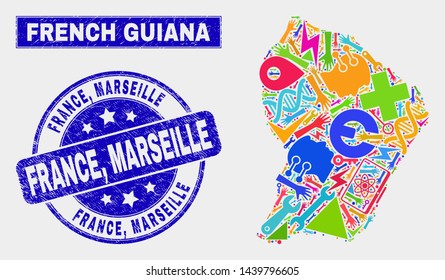 Mosaic tools French Guiana map and France, Marseille watermark. French Guiana map collage designed with randomized colored tools, palms, service elements. Blue rounded France,