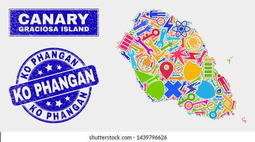 Mosaic tools Graciosa Island map and Ko Phangan seal. Graciosa Island map collage formed with random colorful tools, hands, production icons. Blue rounded Ko Phangan seal with grunge texture.