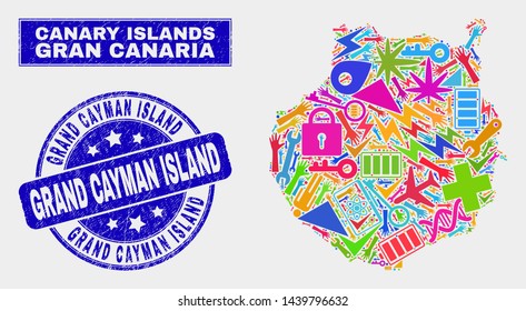 Mosaic tools Gran Canaria map and Grand Cayman Island seal stamp. Gran Canaria map collage formed with scattered colorful equipment, hands, service elements.