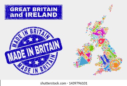 Mosaic tools Great Britain and Ireland map and Made in Britain watermark. Great Britain and Ireland map collage made with scattered colorful equipment, palms, service symbols.