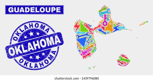 Mosaic tools Guadeloupe map and Oklahoma stamp. Guadeloupe map collage constructed with scattered colorful tools, palms, service elements. Blue round Oklahoma stamp with scratched texture.