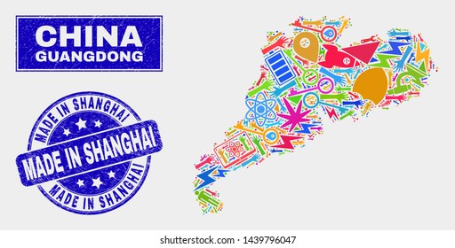 Mosaic tools Guangdong Province map and Made in Shanghai seal stamp. Guangdong Province map collage created with scattered colored tools, hands, industry icons.