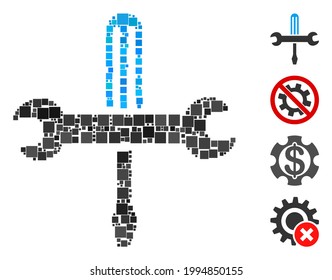 Mosaic Tools icon constructed from square items in random sizes and color hues. Vector square items are united into abstract mosaic tools icon. Bonus pictograms are added.