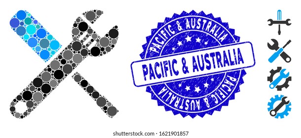 Mosaic tools icon and grunge stamp seal with Pacific & Australia text. Mosaic vector is formed with tools icon and with scattered round elements. Pacific & Australia seal uses blue color,