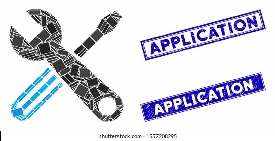 Mosaic tools icon and rectangle rubber prints. Flat vector tools mosaic icon of random rotated rectangle elements. Blue caption seals with rubber surface.