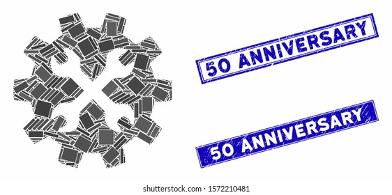 Mosaic tools icon and rectangular 50 Anniversary seals. Flat vector tools mosaic icon of randomized rotated rectangular elements. Blue 50 Anniversary seals with scratched texture.