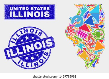 Mosaic tools Illinois State map and Illinois seal stamp. Illinois State map collage created with scattered colored equipment, hands, service elements.