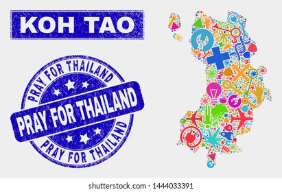 Mosaic tools Koh Tao map and Pray for Thailand watermark. Koh Tao map collage constructed with random colorful equipment, hands, service icons.