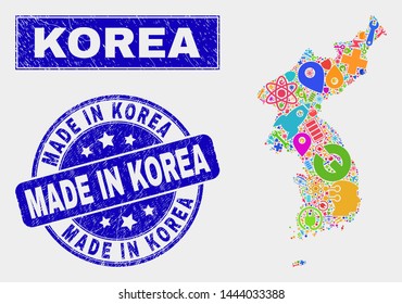 Mosaic tools Korea map and Made in Korea seal stamp. Korea map collage designed with scattered colored tools, hands, industry symbols. Blue round Made in Korea stamp with scratched texture.