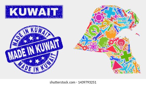 Mosaic tools Kuwait map and Made in Kuwait seal stamp. Kuwait map collage constructed with random colored tools, palms, production icons. Blue round Made in Kuwait seal stamp with unclean texture.