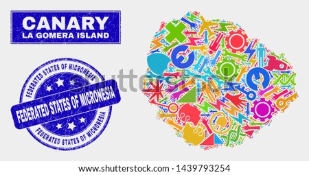 Mosaic tools La Gomera Island map and Federated States of Micronesia seal stamp. La Gomera Island map collage formed with randomized colored tools, palms, industrial symbols.