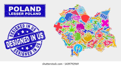 Mosaic tools Lesser Poland Voivodeship map and Designed in Us stamp. Lesser Poland Voivodeship map collage constructed with randomized colored tools, hands, service icons.