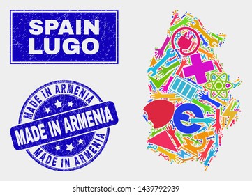 Mosaic tools Lugo Province map and Made in Armenia watermark. Lugo Province map collage composed with randomized colorful tools, palms, industry symbols.