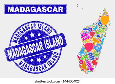 Mosaic tools Madagascar Island map and Madagascar Island seal stamp. Madagascar Island map collage created with scattered colorful tools, palms, industry icons.